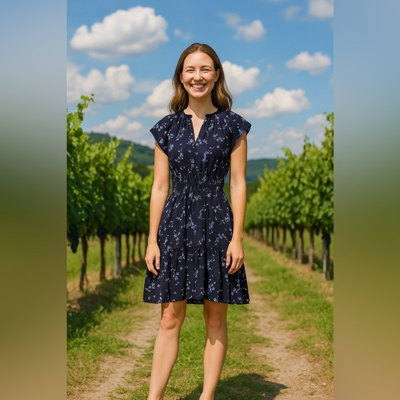 Rebecca Taylor Floral Francine Dress Cap Sleeve V-Neck Silk Navy Blue Size 6 - Picture 1 of 5